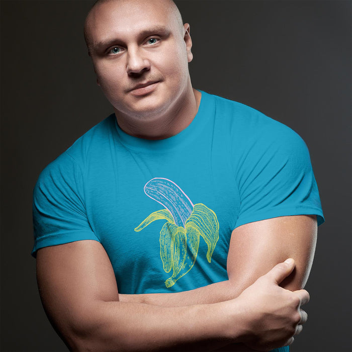 PRODUCT IMAGE: Fresh Fruit T-Shirt | Raunchy Tee for Horny Gay Men & Size Queens | Model wears Aqua  shirt with a woodcut-style graphic of a colorful banana