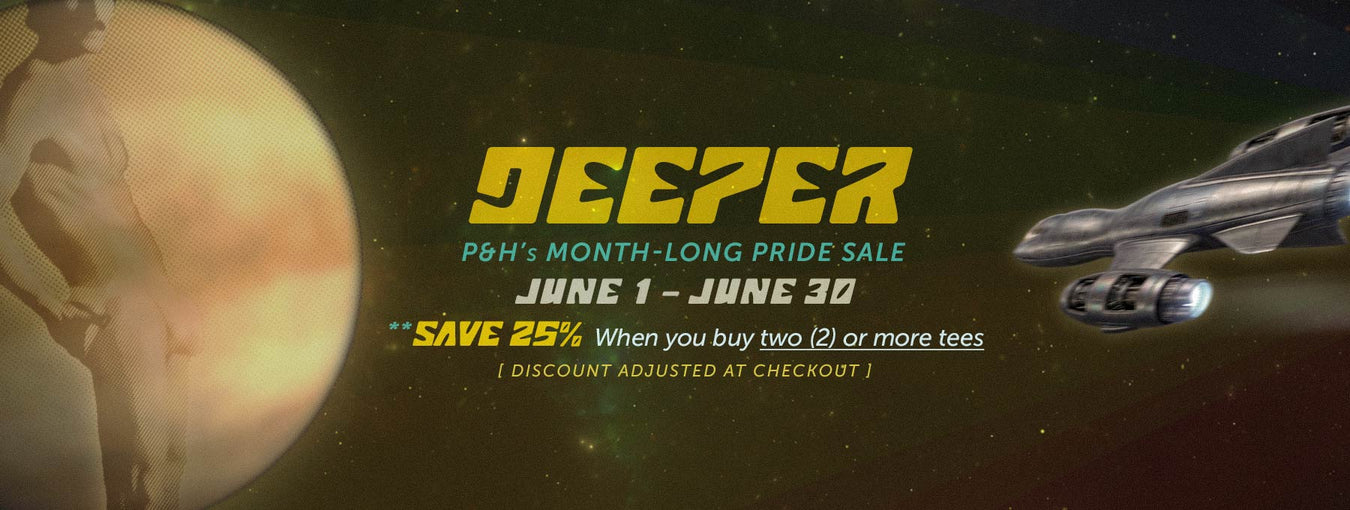 BANNER IMAGE for the "All T-shirts" collection page for Pole & Hole, selling mature-themed graphic t-shirts for discerning gay and queer adult males, playfully balancing innuendo with unapologetic humor. 