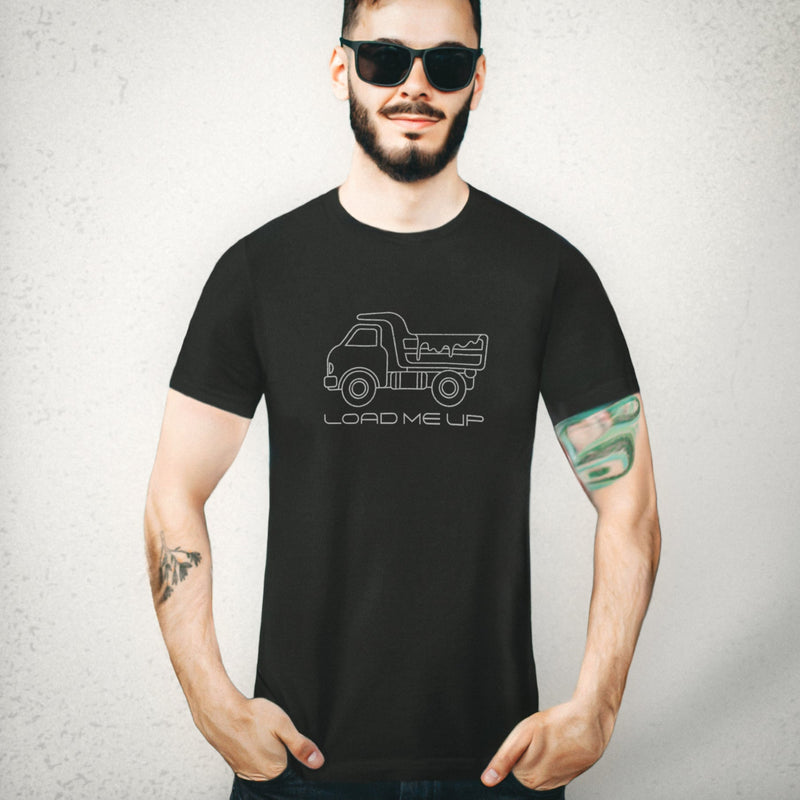 Load Me Up T-shirt | Raunchy T-shirt for Horny Gay Bottom Guys Who Crave Cum | Model wears Black shirt with white line drawing of a dump truck