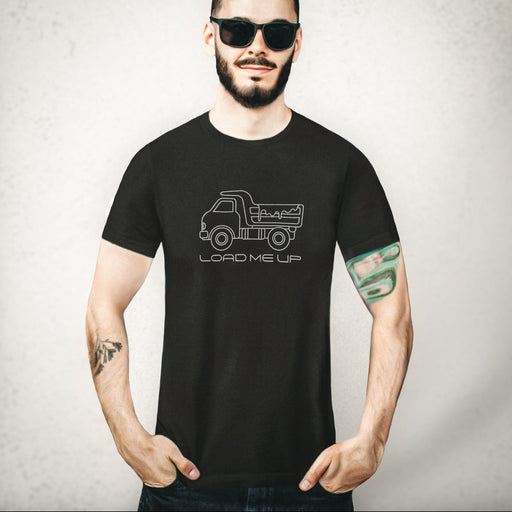 Load Me Up T-shirt | Raunchy T-shirt for Horny Gay Bottom Guys Who Crave Cum | Model wears Black shirt with white line drawing of a dump truck