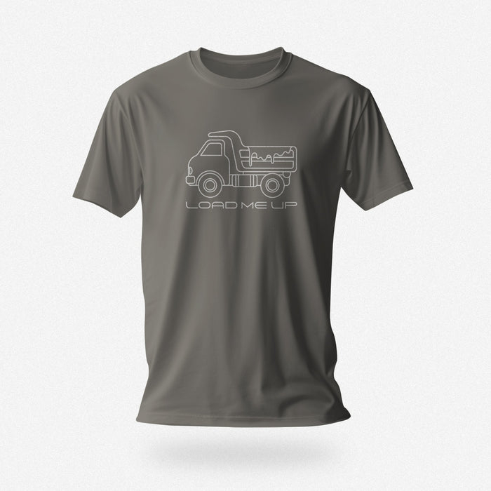 Load Me Up T-shirt | Raunchy T-shirt for Horny Gay Bottom Guys Who Crave Cum | Charcoal shirt with white line drawing of a dump truck