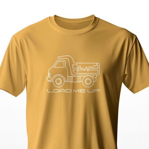 Load Me Up T-shirt | Raunchy T-shirt for Horny Gay Bottom Guys Who Crave Cum | Mustard shirt with white line drawing of a dump truck