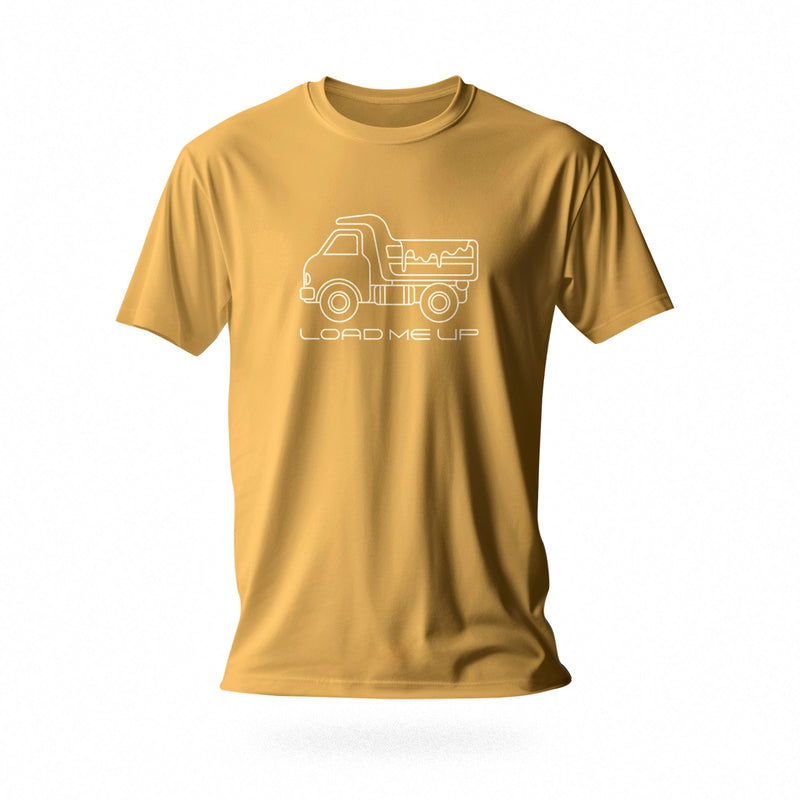 Load Me Up T-shirt | Raunchy T-shirt for Horny Gay Bottom Guys Who Crave Cum | Mustard shirt with white line drawing of a dump truck