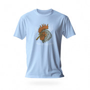 PRODUCT IMAGE: Smokin’ Cock Tee  | Funny, Raunchy T-shirt for Horny Gay Men | Light Blue shirt with a vintage-style graphic of a rooster smoking a cigar