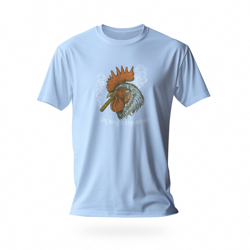 PRODUCT IMAGE: Smokin’ Cock Tee  | Funny, Raunchy T-shirt for Horny Gay Men | Light Blue shirt with a vintage-style graphic of a rooster smoking a cigar
