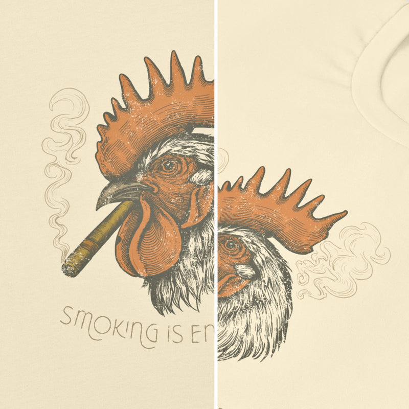 DIPTYCH PRODUCT IMAGE: Smokin’ Cock Tee  | Funny, Raunchy T-shirt for Horny Gay Men | Natural shirt with a vintage-style graphic of a rooster smoking a cigar