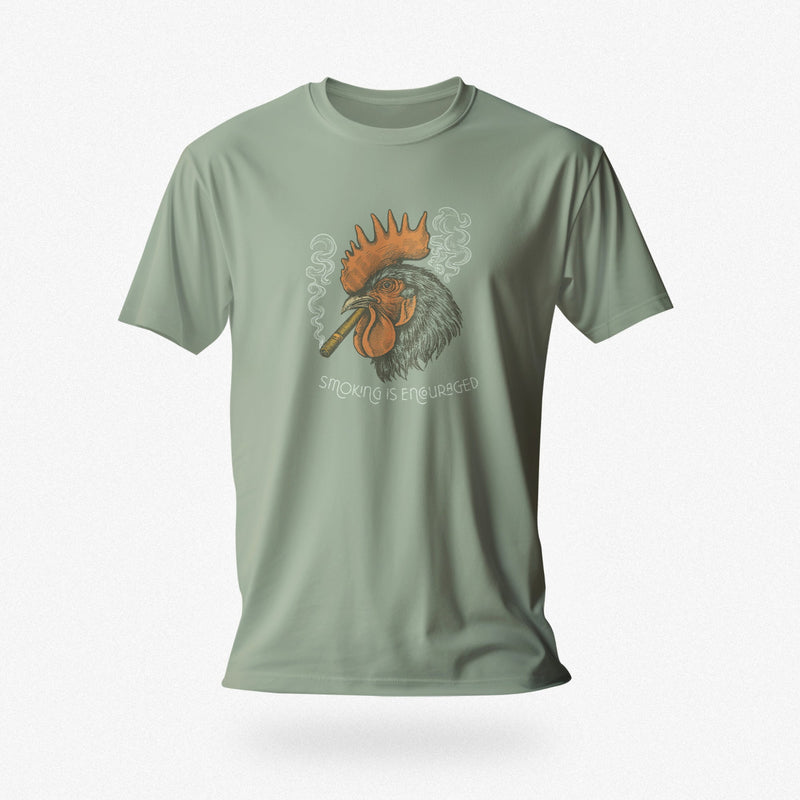 PRODUCT IMAGE: Smokin’ Cock Tee  | Funny, Raunchy T-shirt for Horny Gay Men | Sage shirt with a vintage-style graphic of a rooster smoking a cigar