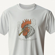 PRODUCT IMAGE: Smokin’ Cock Tee  | Funny, Raunchy T-shirt for Horny Gay Men | Silver shirt with a vintage-style graphic of a rooster smoking a cigar