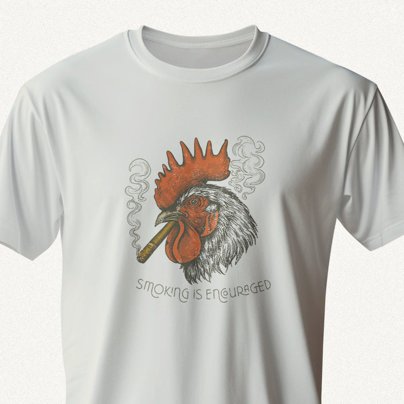 PRODUCT IMAGE: Smokin’ Cock Tee  | Funny, Raunchy T-shirt for Horny Gay Men | Silver shirt with a vintage-style graphic of a rooster smoking a cigar
