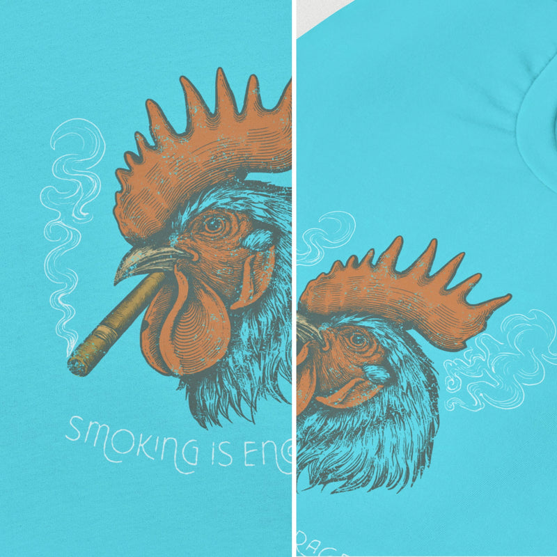 DIPTYCH PRODUCT IMAGE: Smokin’ Cock Tee  | Funny, Raunchy T-shirt for Horny Gay Men | Details of Turquois shirt with a vintage-style graphic of a rooster smoking a cigar