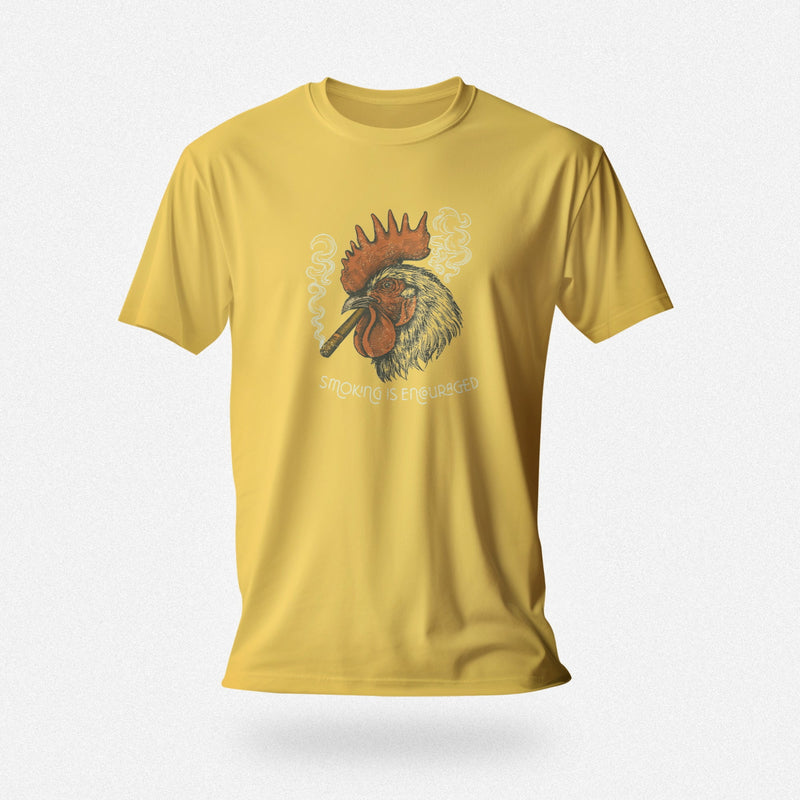 PRODUCT IMAGE: Smokin’ Cock Tee  | Funny, Raunchy T-shirt for Horny Gay Men | Yellow shirt with a vintage-style graphic of a rooster smoking a cigar