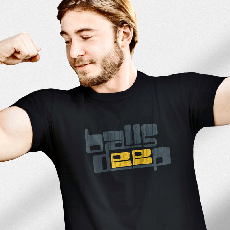 PRODUCT IMAGE: Balls Deep | Raunchy Tee for Horny Gay Guys who Like it Deeper | Model wears Typographic design on Black shirt