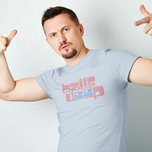 PRODUCT IMAGE: Balls Deep | Raunchy Tee for Horny Gay Guys who Like it Deeper | Typographic design on Light Blue shirt