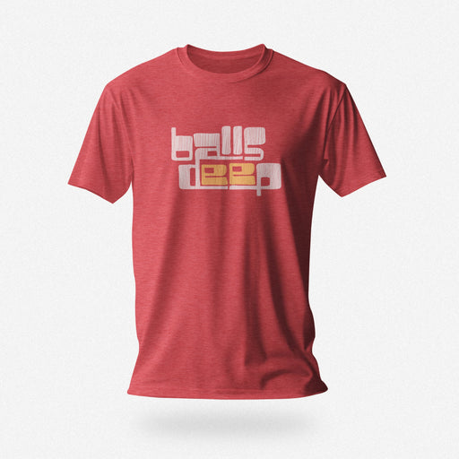 PRODUCT IMAGE: Balls Deep | Raunchy Tee for Horny Gay Guys who Like it Deeper | Typographic design on Red Heather shirt