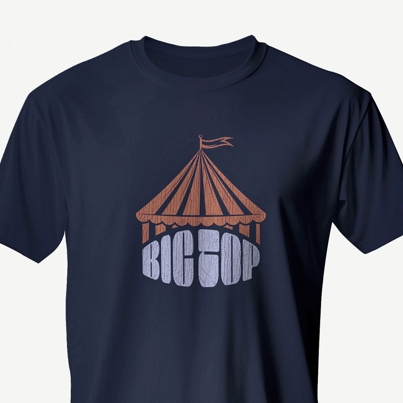 PRODUCT IMAGE: Big Top T-shirt | Raunchy Tees for Gay Alpha Males, Queer Top Guys | Navy shirt, the graphic formed with bold typography covered with an abstractly shaped circus "big top" 