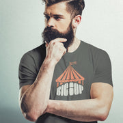 PRODUCT IMAGE: Big Top T-shirt | Raunchy Tees for Gay Alpha Males, Queer Top Guys | Model wears asphalt tee with bold typography serving as the base of a graphic "big top"