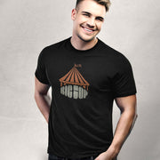 PRODUCT IMAGE: Big Top T-shirt | Raunchy Tees for Gay Alpha Males, Queer Top Guys | Model wears black shirt with bold typography serving as the base or a graphic "big top"