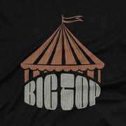 PRODUCT IMAGE: Big Top T-shirt | Raunchy Tees for Gay Alpha Males, Queer Top Guys | Close up  graphic on black t-shirt, bold typography serves as the base for a abstract "big top"