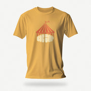 PRODUCT IMAGE: Big Top T-shirt | Raunchy Tees for Gay Alpha Males, Queer Top Guys | Mustard shirt, the graphic formed with bold typography covered with an abstractly shaped circus "big top" 