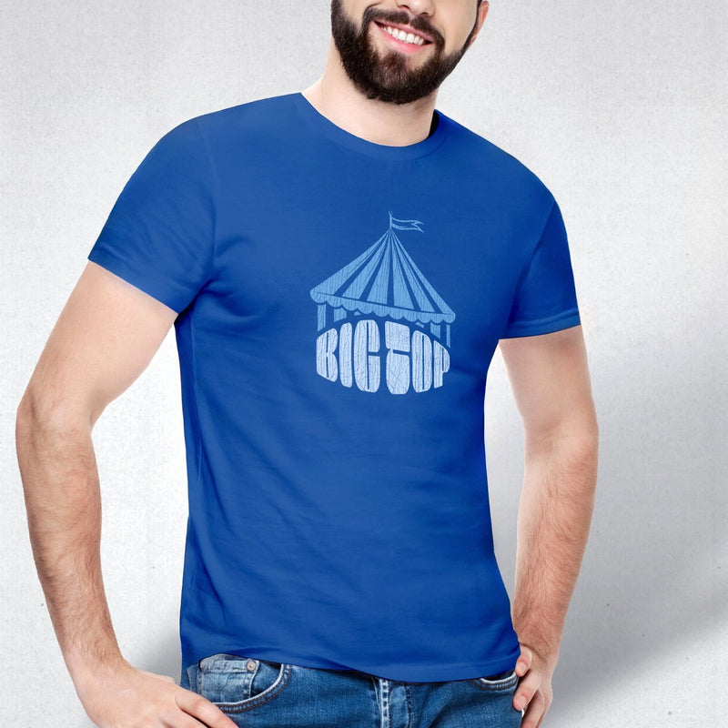 PRODUCT IMAGE: Big Top T-shirt | Raunchy Tees for Gay Alpha Males, Queer Top Guys | Model wears Royal shirt, the graphic formed with bold typography covered with an abstractly shaped circus "big top" 