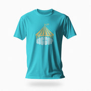 PRODUCT IMAGE: Big Top T-shirt | Raunchy Tees for Gay Alpha Males, Queer Top Guys | Turquoise shirt, the graphic formed with bold typography covered with an abstractly shaped circus "big top" 