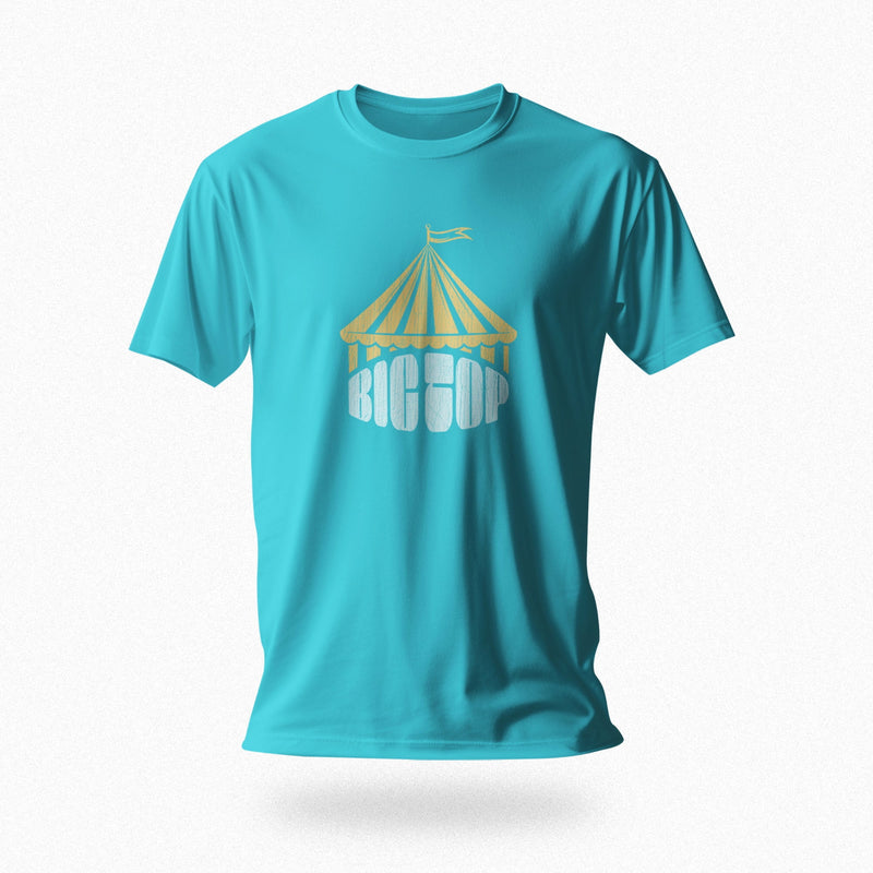 PRODUCT IMAGE: Big Top T-shirt | Raunchy Tees for Gay Alpha Males, Queer Top Guys | Turquoise shirt, the graphic formed with bold typography covered with an abstractly shaped circus "big top" 
