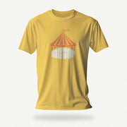 PRODUCT IMAGE: Big Top T-shirt | Raunchy Tees for Gay Alpha Males, Queer Top Guys | Yellow shirt, the graphic formed with bold typography covered with an abstractly shaped circus "big top" 