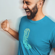 PRODUCT IMAGE: Excited male model wears Aqua t-shirt with "Boners" spelled out in a phallic composition