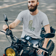 PRODUCT IMAGE: Boners | NSFW Tee | Typographic Design in the form of Cock and Balls | Male model on mototrcycle wears light gray heather shirt