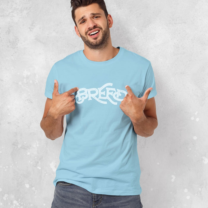 PRODUCT IMAGE: Breed T-shirt | Raunchy Tees for Horny Gay Guys Who Bareback, Love Cum | Model wears typographic design on Ocean shirt