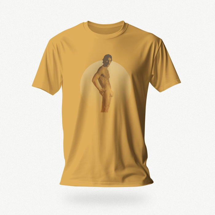 PRODUCT IMAGE: Bulge T-shirt | Vintage Gay Soft Porn Circa 1970s | Partially Nude Male in Jockstrap w/ Big Package | Mustard shirt