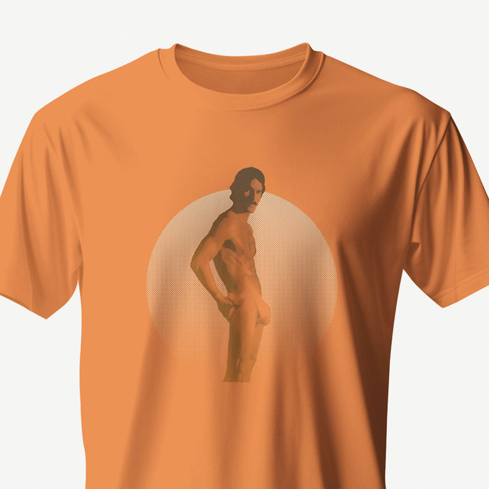 PRODUCT IMAGE: Bulge T-shirt | Vintage Gay Soft Porn Circa 1970s | Partially Nude Male in Jockstrap w/ Big Package | Orange shirt