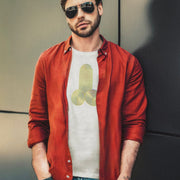 PRODUCT IMAGE: Model wears light gray heather Cock & Balls Tee | Homo Erotic T-shirt with Abstract Geometric Phallic Art