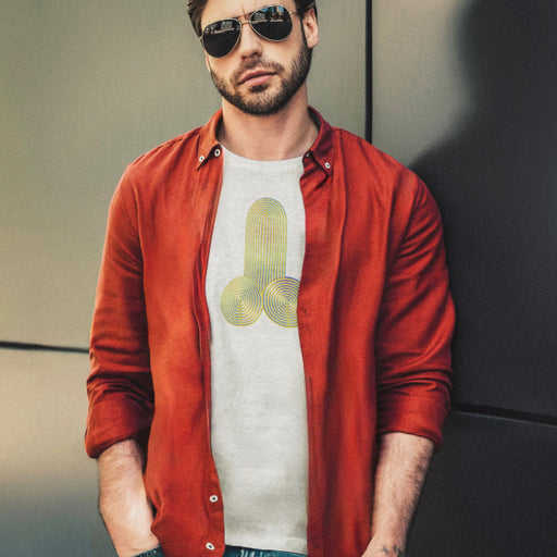 PRODUCT IMAGE: Model wears light gray heather Cock & Balls Tee | Homo Erotic T-shirt with Abstract Geometric Phallic Art