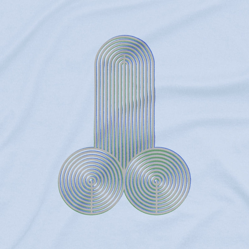 PRODUCT IMAGE: Cock & Balls | NSFW Homo Erotic T-shirt | Abstract Geometric Design | A close-up detail of the graphic design on a Baby Blue shirt