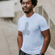 PRODUCT IMAGE: Cock & Balls | NSFW Homo Erotic T-shirt | Abstract Geometric Design | Model wears Baby Blue shirt