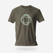 Army cotton t-shirt with subtle circle graphic of seated male figures holding hands (Circle Jerks), viewed from above; gay-themed design for bators and group play