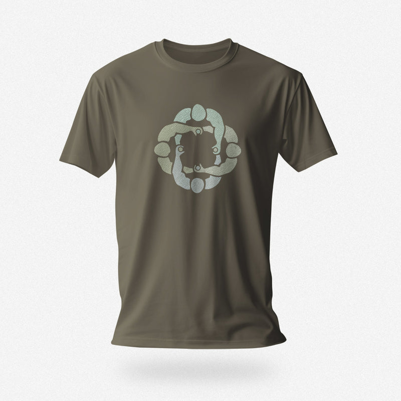 Army cotton t-shirt with subtle circle graphic of seated male figures holding hands (Circle Jerks), viewed from above; gay-themed design for bators and group play