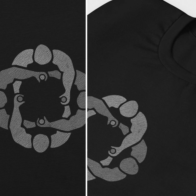 Diptych close-p details of black cotton t-shirt with subtle circle graphic of seated male figures holding hands (Circle Jerks), viewed from above; gay-themed design for bators and group play