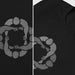 Diptych close-p details of black cotton t-shirt with subtle circle graphic of seated male figures holding hands (Circle Jerks), viewed from above; gay-themed design for bators and group play
