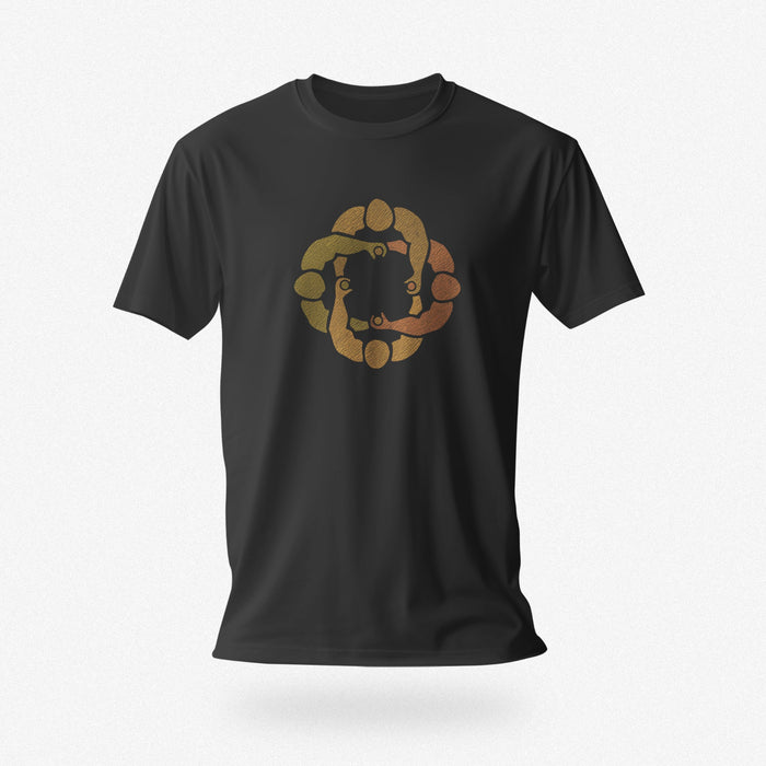Dark gray cotton t-shirt with subtle circle graphic of seated male figures holding hands (Circle Jerks), viewed from above; gay-themed design for bators and group play