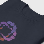 Heather navy cotton t-shirt with subtle circle graphic of seated male figures holding hands (Circle Jerks), viewed from above; gay-themed design for bators and group play