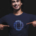 Model wears navy cotton t-shirt with subtle circle graphic of seated male figures holding hands (Circle Jerks), viewed from above; gay-themed design for bators and group play