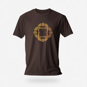 Oxblood cotton t-shirt with subtle circle graphic of seated male figures holding hands (Circle Jerks), viewed from above; gay-themed design for bators and group play