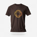 Oxblood cotton t-shirt with subtle circle graphic of seated male figures holding hands (Circle Jerks), viewed from above; gay-themed design for bators and group play