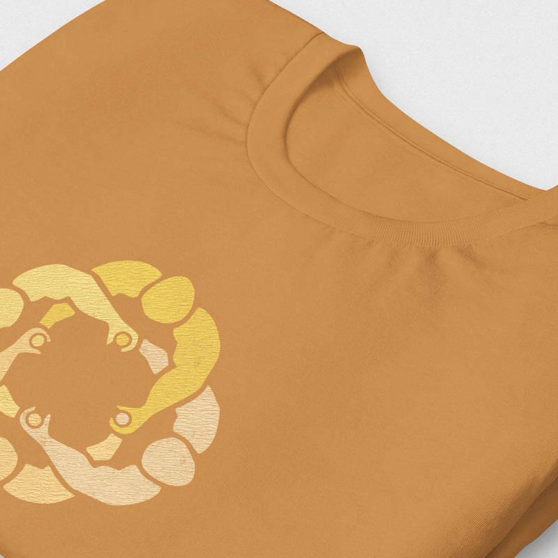 Toast cotton t-shirt with subtle circle graphic of seated male figures holding hands (Circle Jerks), viewed from above; gay-themed design for bators and group play