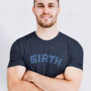PRODUCT IMAGE: Girth | Homo Erotic T-shirts Celebrating Thickness: Cocks & Gay Bears | Model wears Heather Navy shirt with Typographic design