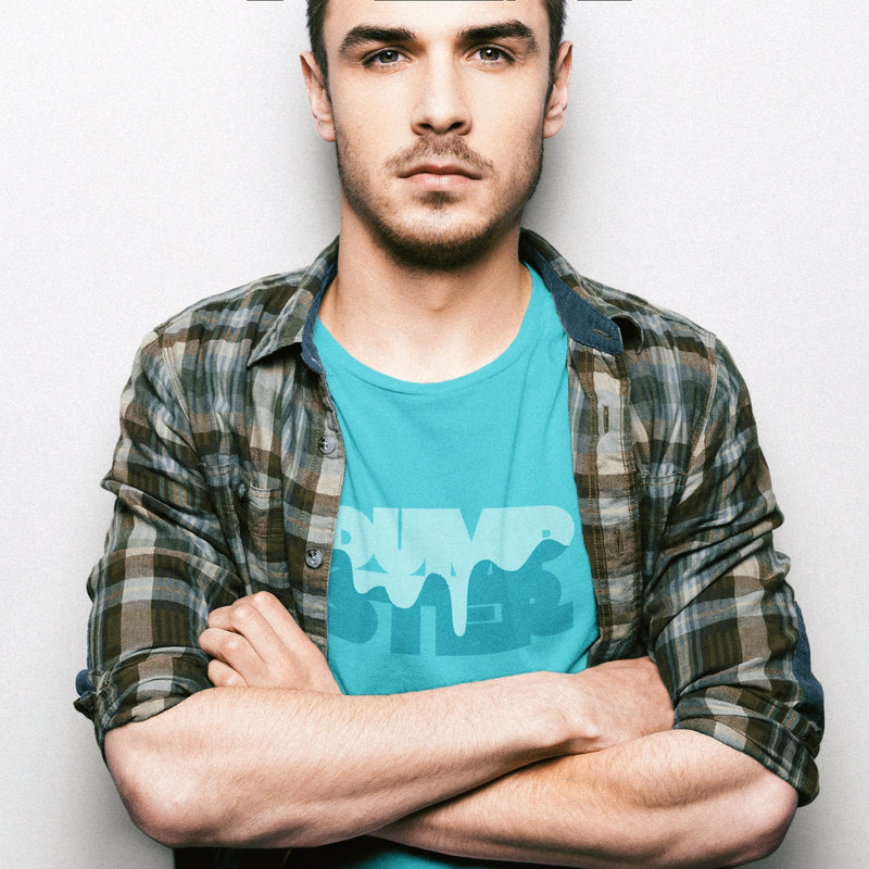 PRODUCT IMAGE: Dumpster T-shirt | Raunchy Tees for Horny Gay Guys Who Take Loads | Model wears Turquoise shirt with a typographic design featuring white dripping liquid referring to a man's cum