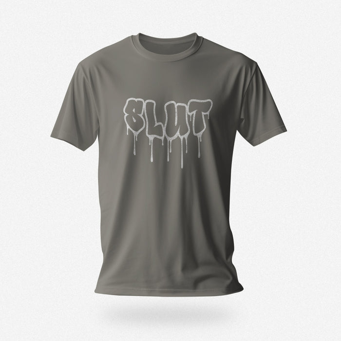 PRODUCT IMAGE: Cum Slut | Raunchy Tees for Horny Gay Men Who Love Cum | Charcoal shirt