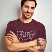PRODUCT IMAGE: Cum Slut T-shirt | Raunchy Tees for Horny Gay Men Who Love Cum | Model wears Maroon shirt